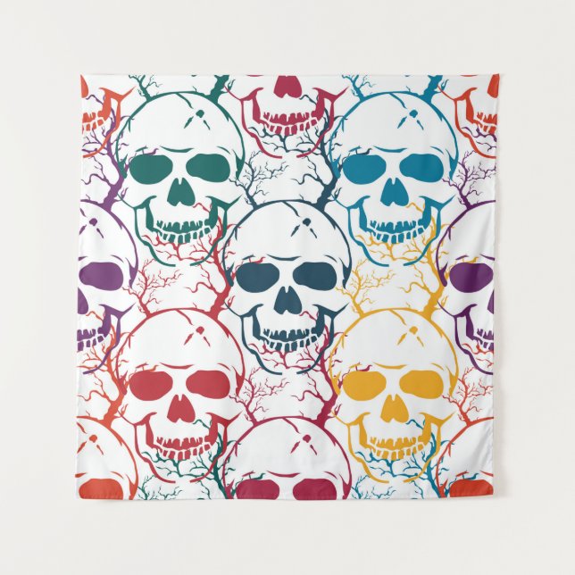Halloween seamless pattern with skulls. Colorful b Tapestry (Front)