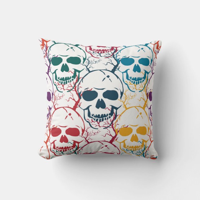 Halloween seamless pattern with skulls. Colorful b Throw Pillow (Front)