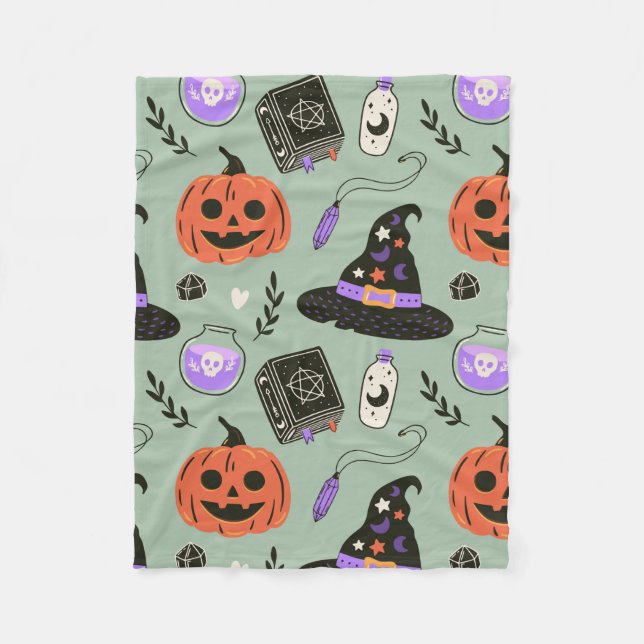 Halloween seamless pattern with witch hat,pumpkin  fleece blanket (Front)
