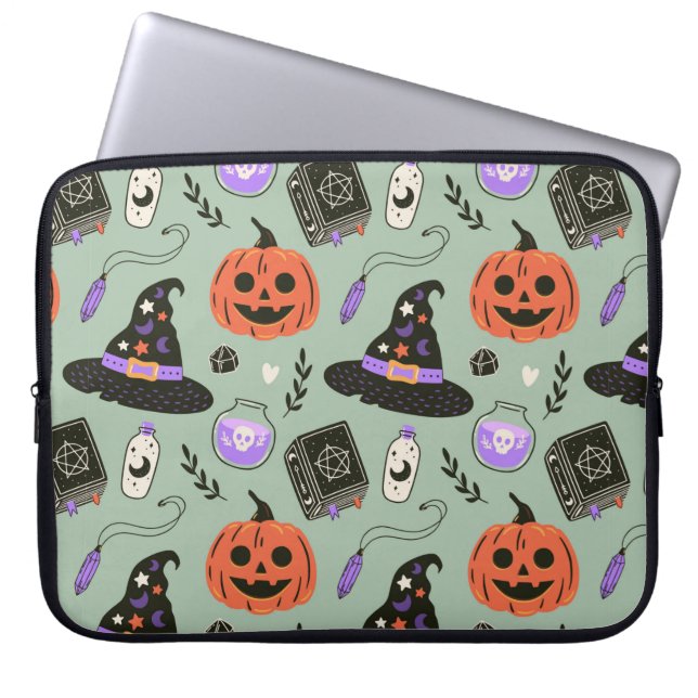 Halloween seamless pattern with witch hat,pumpkin  laptop sleeve (Front)
