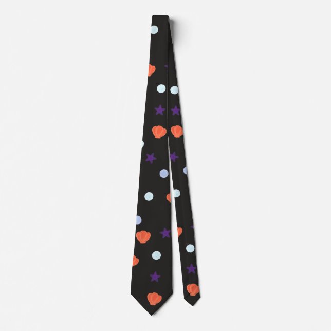 Halloween Seashells Sea Stars Pearls in Black Neck Tie (Front)
