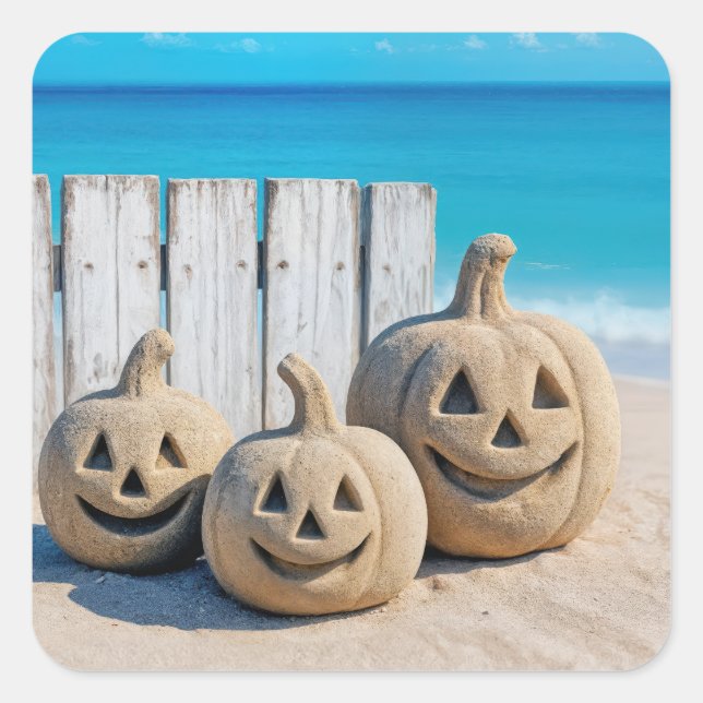 Halloween Seashore Sand Jack o' Lanterns  Square Sticker (Front)