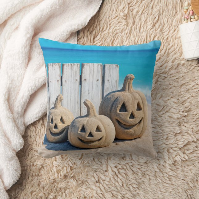 Halloween Seashore Sand Jack o' Lanterns  Throw Pillow (Blanket)