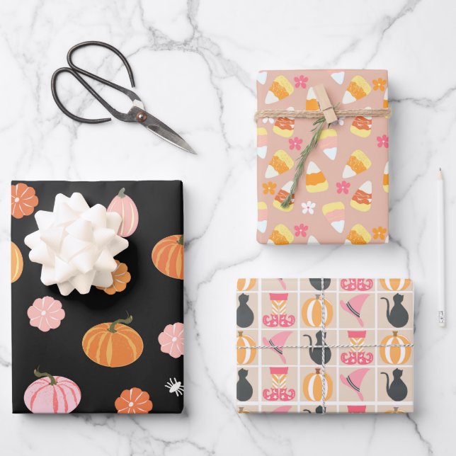 Halloween Season Pumpkins, Candy Corn, Black Cats Wrapping Paper Sheets (Front)