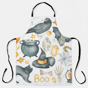 Halloween set: bat, black cat, spider, black crow apron