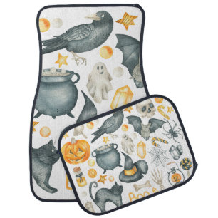 Halloween set: bat, black cat, spider, black crow car floor mat