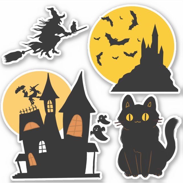 Halloween Set Haunted House Castle Cat Witch Sticker (Front)