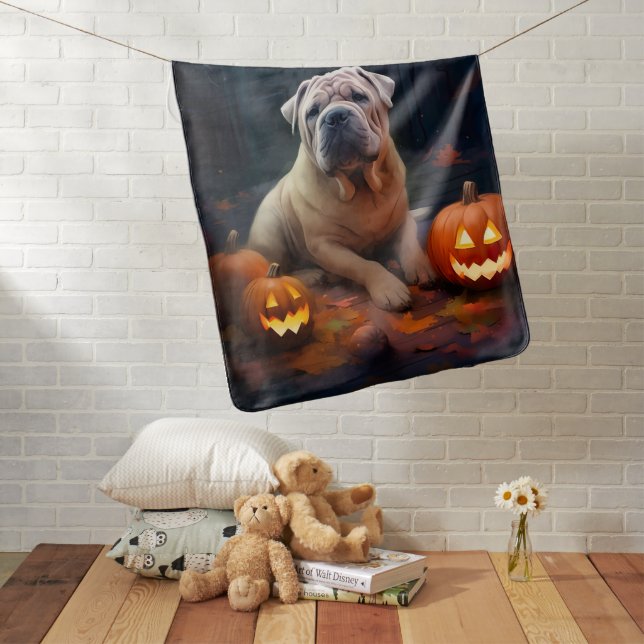 Halloween Shar Pei With Pumpkins Scary Baby Blanket (In Situ)