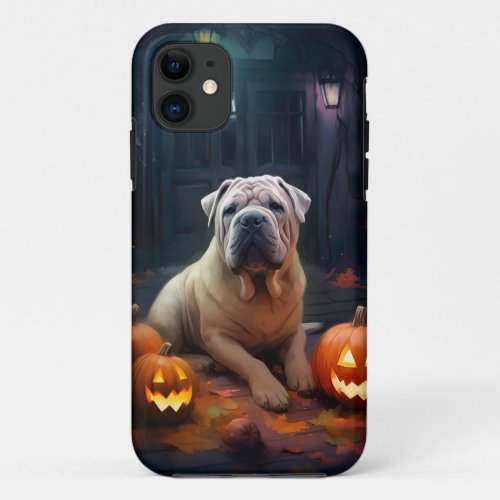 Halloween Shar Pei With Pumpkins Scary iPhone 11 Case