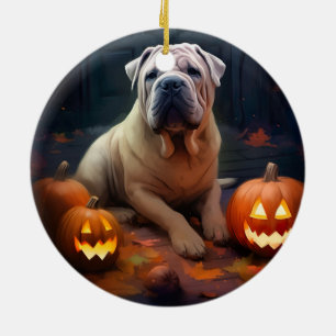 Halloween Shar Pei With Pumpkins Scary Ceramic Ornament