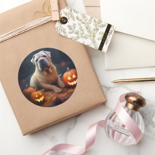 Halloween Shar Pei With Pumpkins Scary Classic Round Sticker