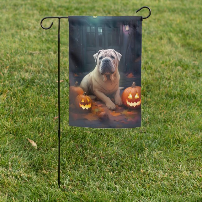 Halloween Shar Pei With Pumpkins Scary Garden Flag (In SItu)