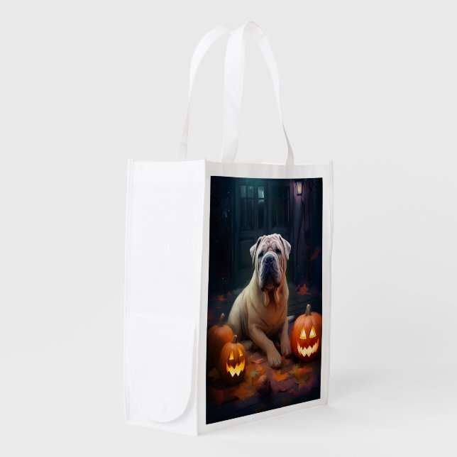 Halloween Shar Pei With Pumpkins Scary Grocery Bag (Front Side)