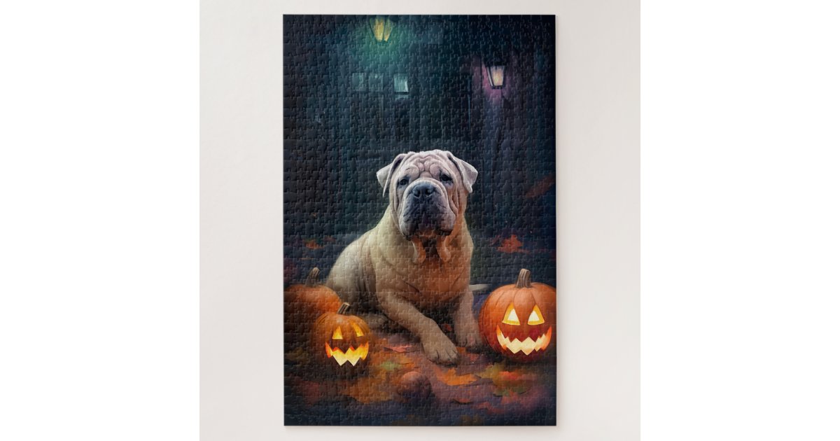 Halloween Shar Pei With Pumpkins Scary Jigsaw Puzzle | Zazzle