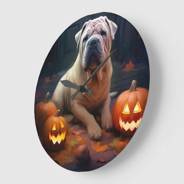 Halloween Shar Pei With Pumpkins Scary Large Clock (Angle)