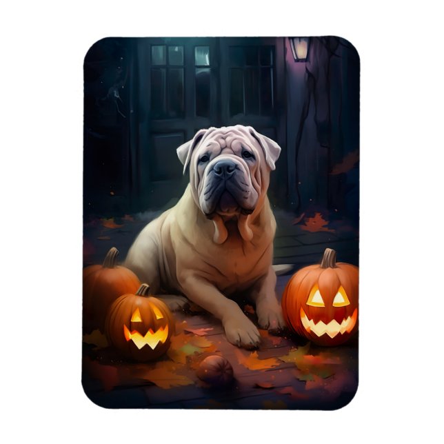 Halloween Shar Pei With Pumpkins Scary Magnet (Vertical)