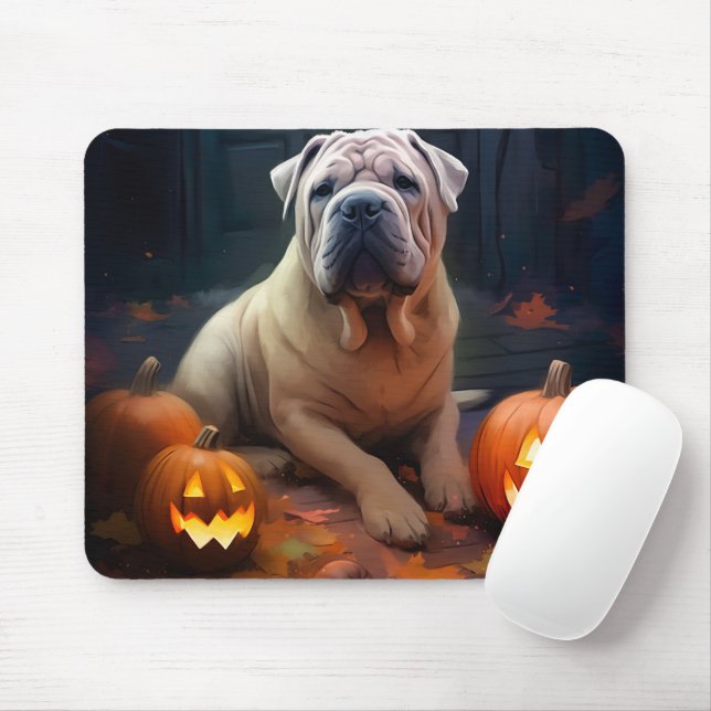 Halloween Shar Pei With Pumpkins Scary Mouse Pad (With Mouse)