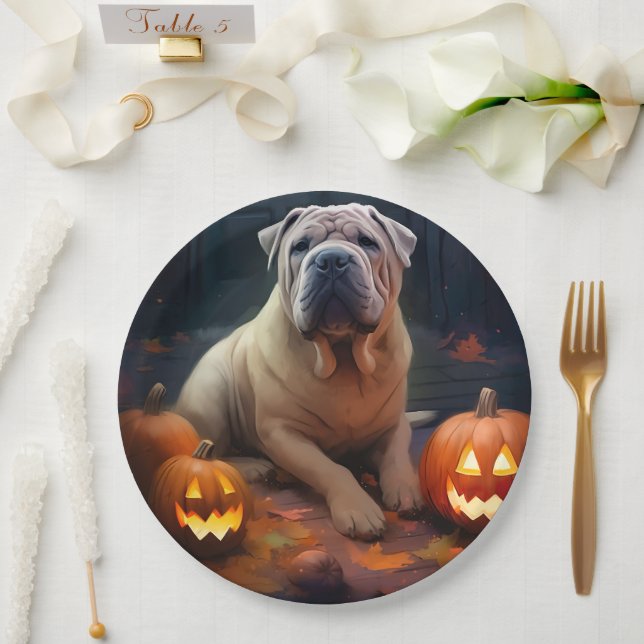 Halloween Shar Pei With Pumpkins Scary Paper Plates (Wedding)