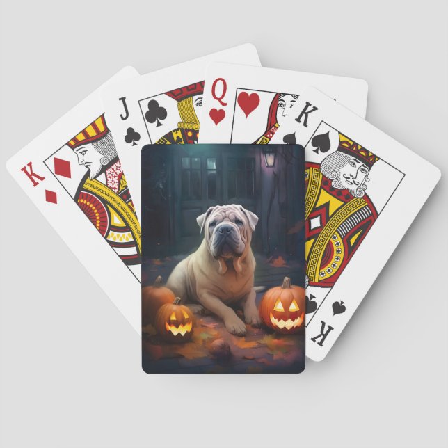 Halloween Shar Pei With Pumpkins Scary Poker Cards (Back)
