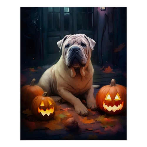 Halloween Shar Pei With Pumpkins Scary Poster