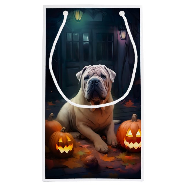 Halloween Shar Pei With Pumpkins Scary Small Gift Bag (Back)