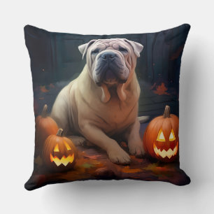 Halloween Shar Pei With Pumpkins Scary Throw Pillow