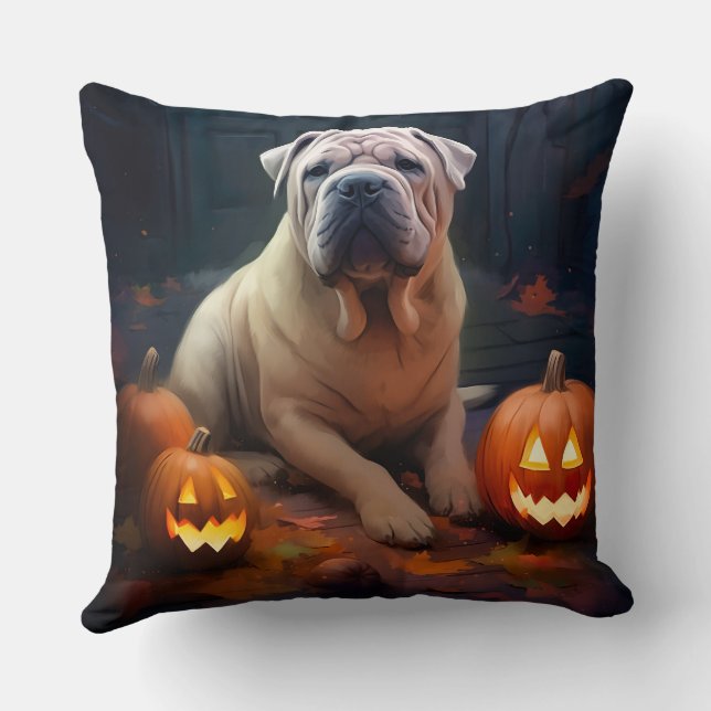 Halloween Shar Pei With Pumpkins Scary Throw Pillow (Back)