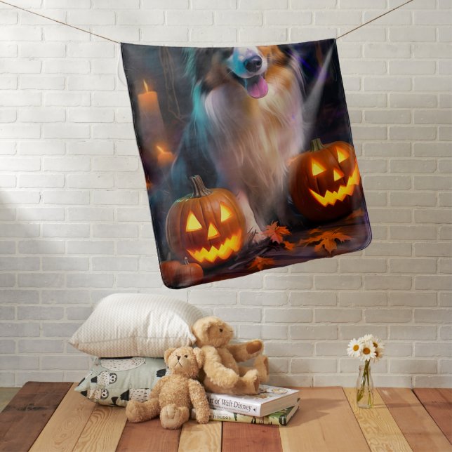Halloween Shetland Sheepdog With Pumpkins Scary  Baby Blanket (In Situ)