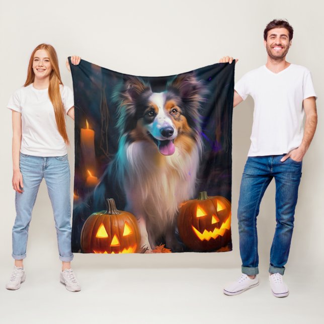 Halloween Shetland Sheepdog With Pumpkins Scary  Fleece Blanket (In Situ)
