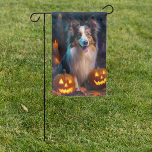 Halloween Shetland Sheepdog With Pumpkins Scary  Garden Flag