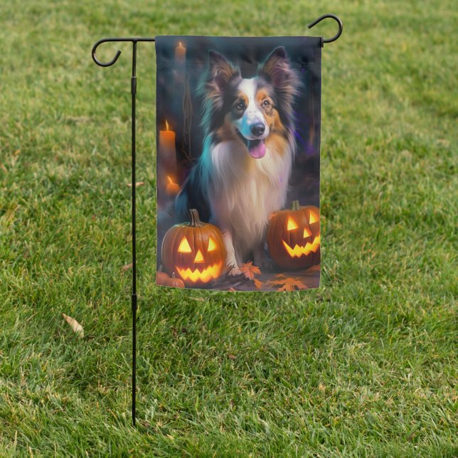 Halloween Shetland Sheepdog With Pumpkins Scary  Garden Flag (In SItu)