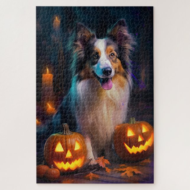 Halloween Shetland Sheepdog With Pumpkins Scary  Jigsaw Puzzle (Vertical)