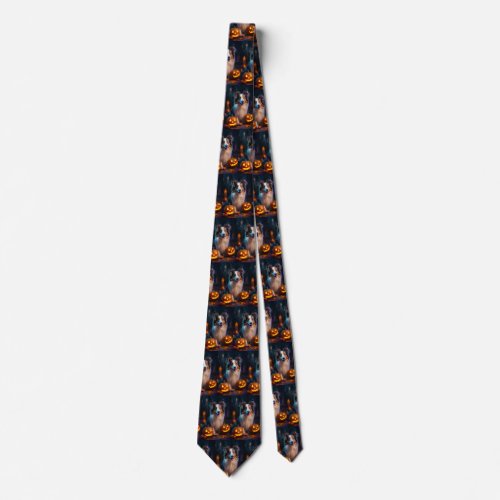 Halloween Shetland Sheepdog With Pumpkins Scary  Neck Tie