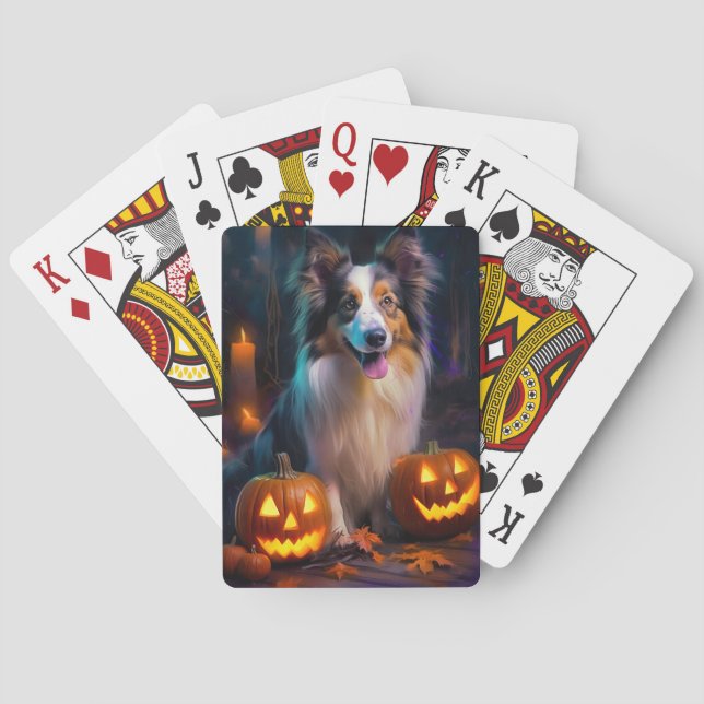 Halloween Shetland Sheepdog With Pumpkins Scary  Poker Cards (Back)
