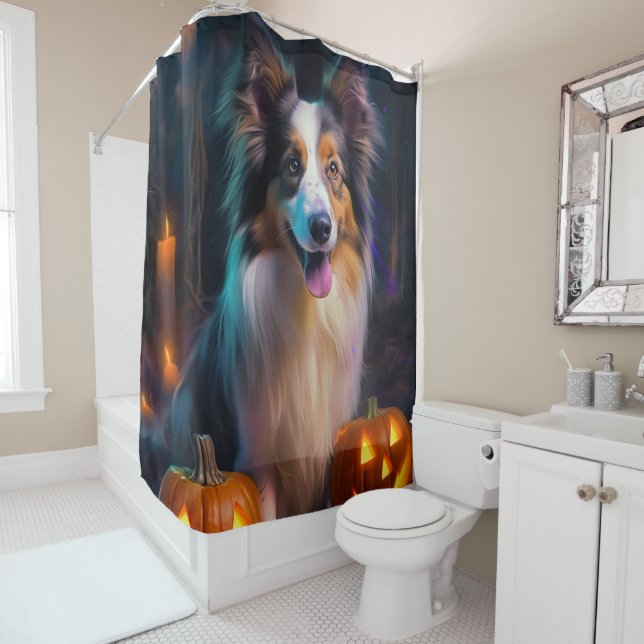 Halloween Shetland Sheepdog With Pumpkins Scary  Shower Curtain (In Situ)