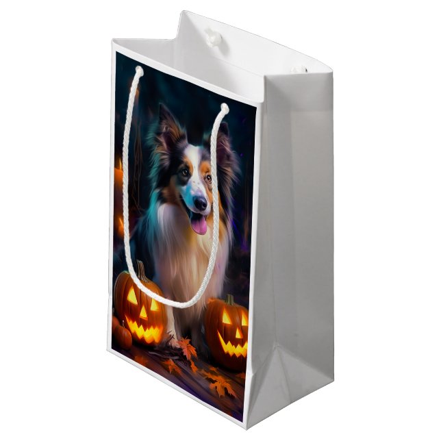 Halloween Shetland Sheepdog With Pumpkins Scary  Small Gift Bag (Front Angled)