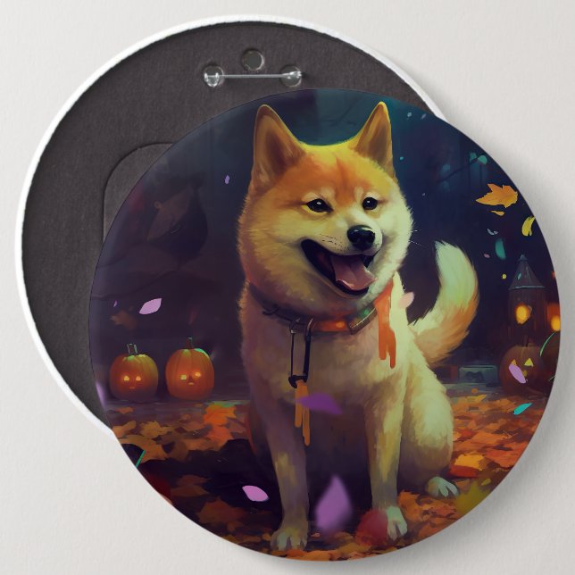 Halloween Shiba Inu With Pumpkins Scary Button (Front & Back)