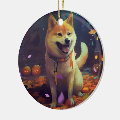 Halloween Shiba Inu With Pumpkins Scary Ceramic Ornament