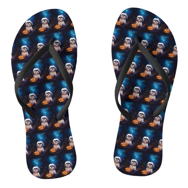 Halloween Shiba Inu With Pumpkins Scary Flip Flops (Footbed)