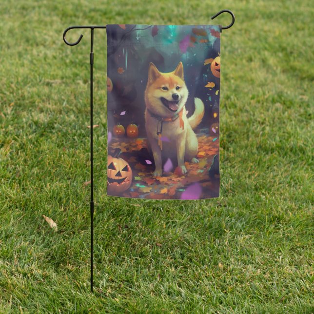Halloween Shiba Inu With Pumpkins Scary Garden Flag (In SItu)