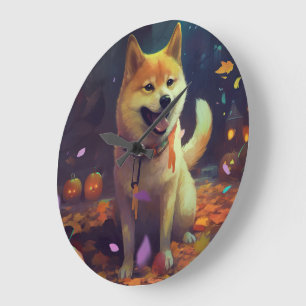 Halloween Shiba Inu With Pumpkins Scary Large Clock