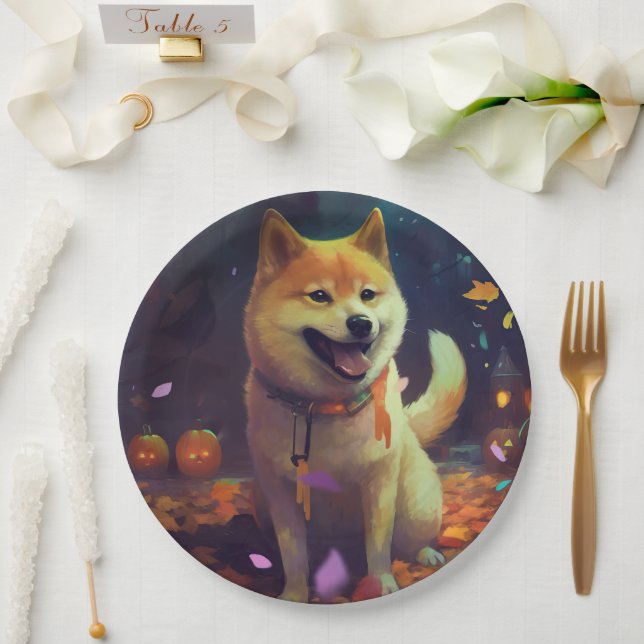 Halloween Shiba Inu With Pumpkins Scary Paper Plates (Wedding)