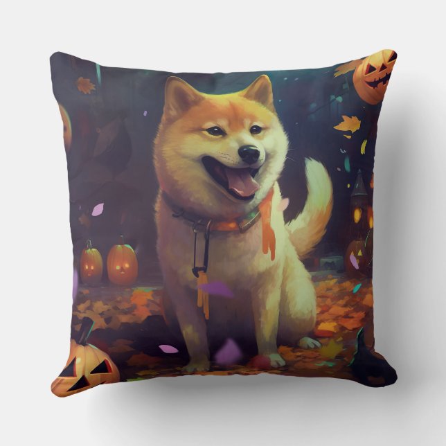 Halloween Shiba Inu With Pumpkins Scary Throw Pillow (Back)