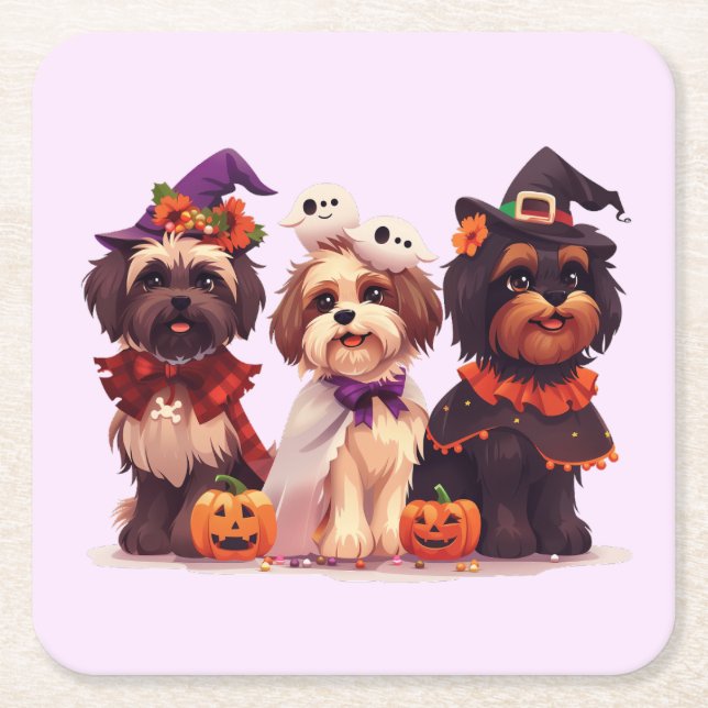 Halloween Shih Tzu Dogs Square Paper Coaster (Front)