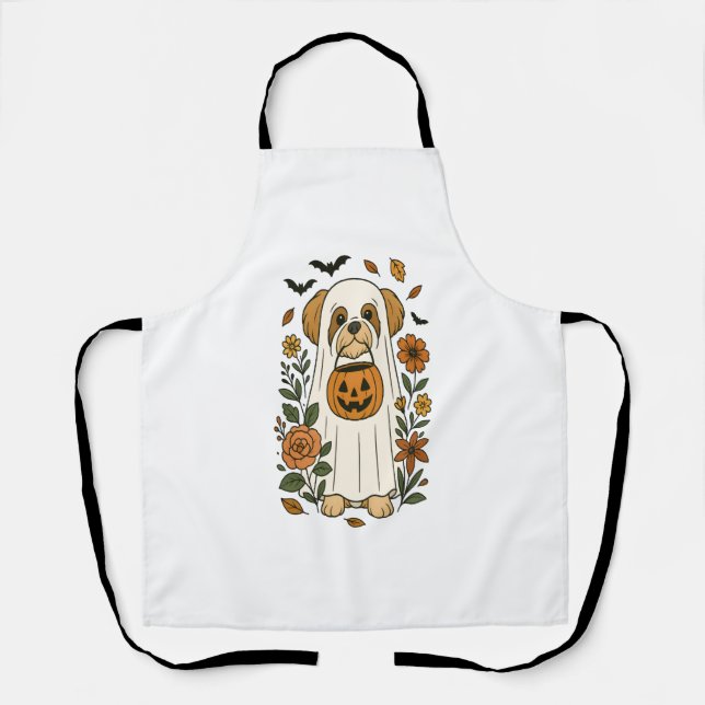 Halloween Shih Tzu with Fall Flowers Apron (Front)