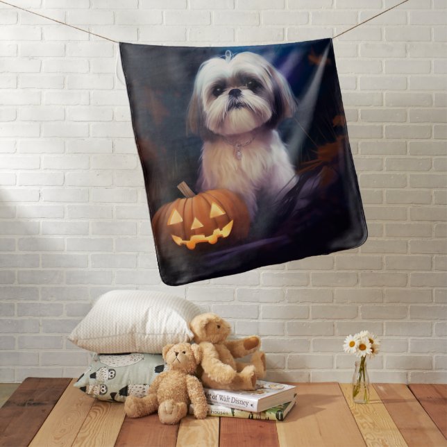 Halloween Shih Tzu With Pumpkins Scary Baby Blanket (In Situ)