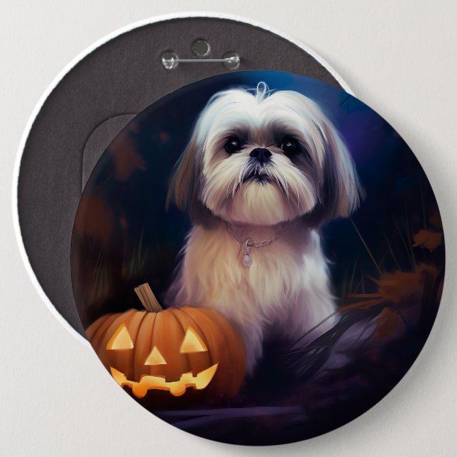 Halloween Shih Tzu With Pumpkins Scary Button (Front & Back)