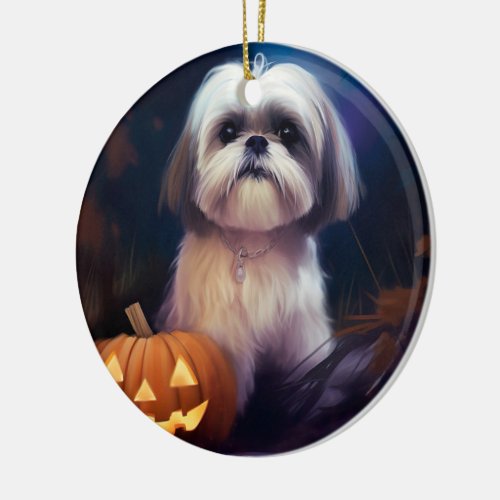 Halloween Shih Tzu With Pumpkins Scary Ceramic Ornament