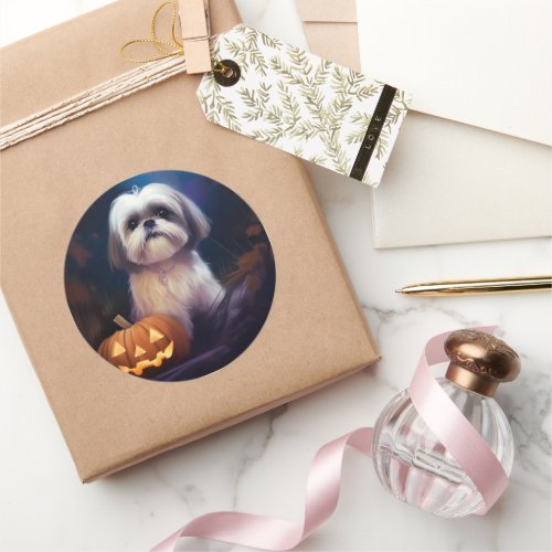 Halloween Shih Tzu With Pumpkins Scary Classic Round Sticker