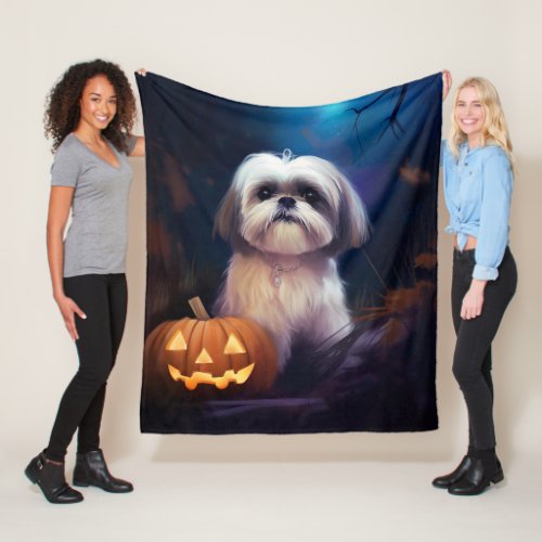 Halloween Shih Tzu With Pumpkins Scary Fleece Blanket